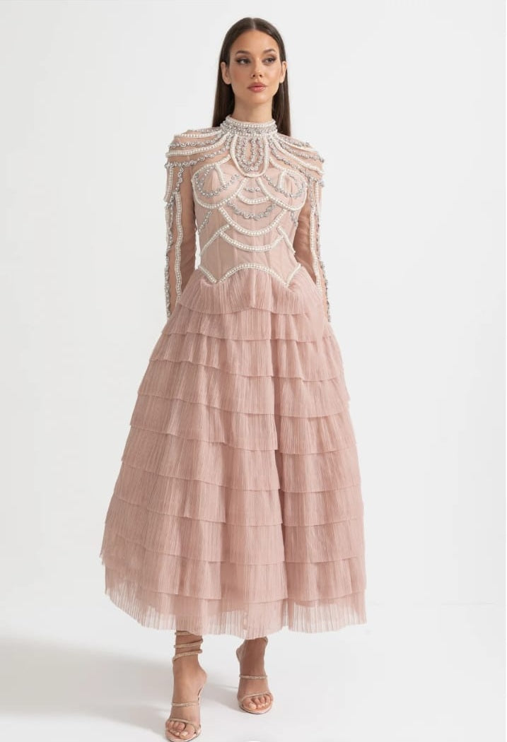 Elegant Long Sleeved Dress With Layered Ruffled Skirt And Intricate Sparkling Embellishments - Pink