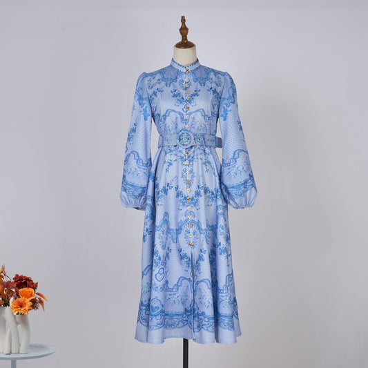 half-high neck balloon sleeve long dress