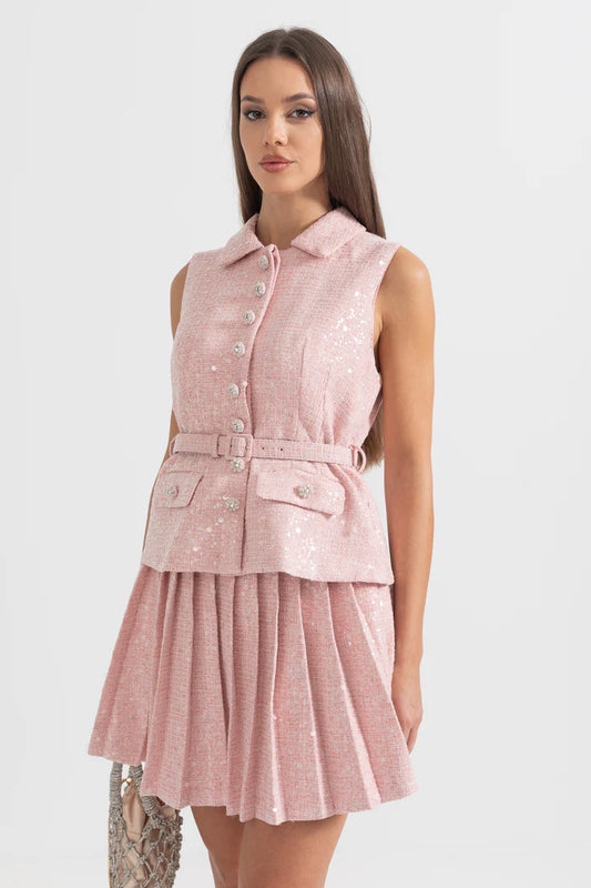 Sleeveless Textured Mini Dress With Pleated Skirt And Waistbelt - Pink