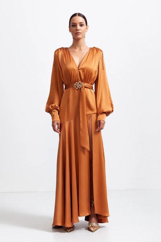 V-neck Maxi Dress with Golden Details - Caramel