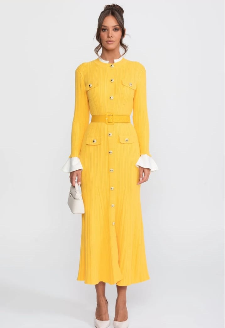 Ribbed Knit Belted Midi Dress With White Cuffs And Collar - Yellow