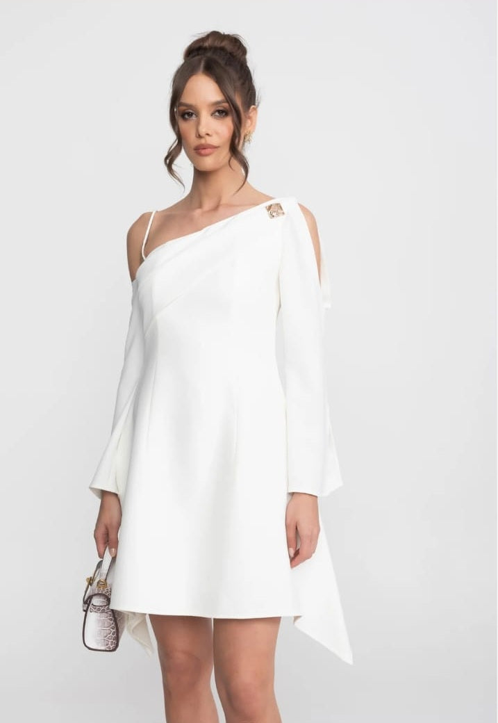 Asymmetric Cold-Shoulder Mini Dress With Long Sleeves And Gold Brooch - White