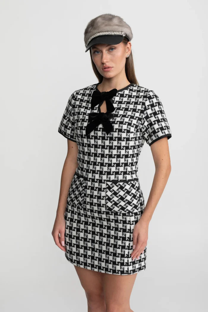 Velvet Bow Tweed Mini Dress With Check Pattern – Black And White