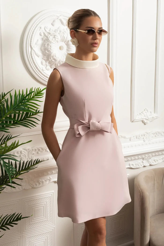 Contrasting Collar Bow-Waist Sleeveless Mini Dress - Pink