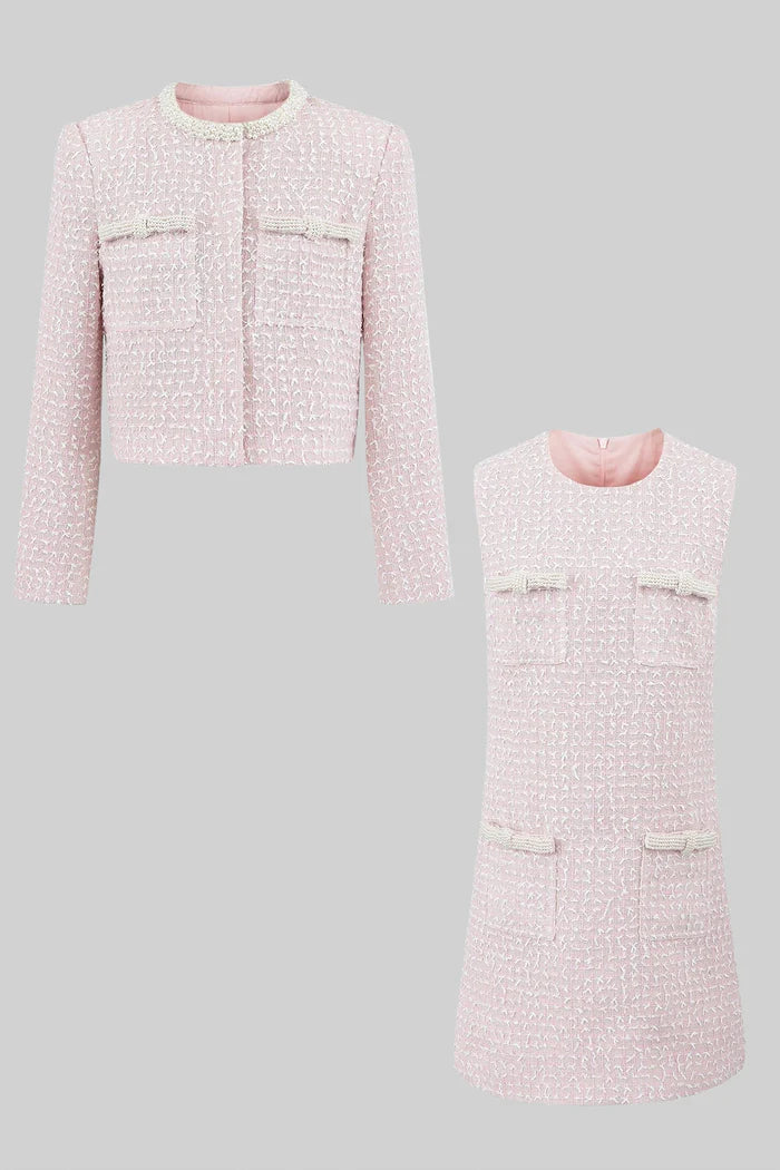 Tweed Set With Cropped Jacket and Sleeveless Mini Dress - Light Pink