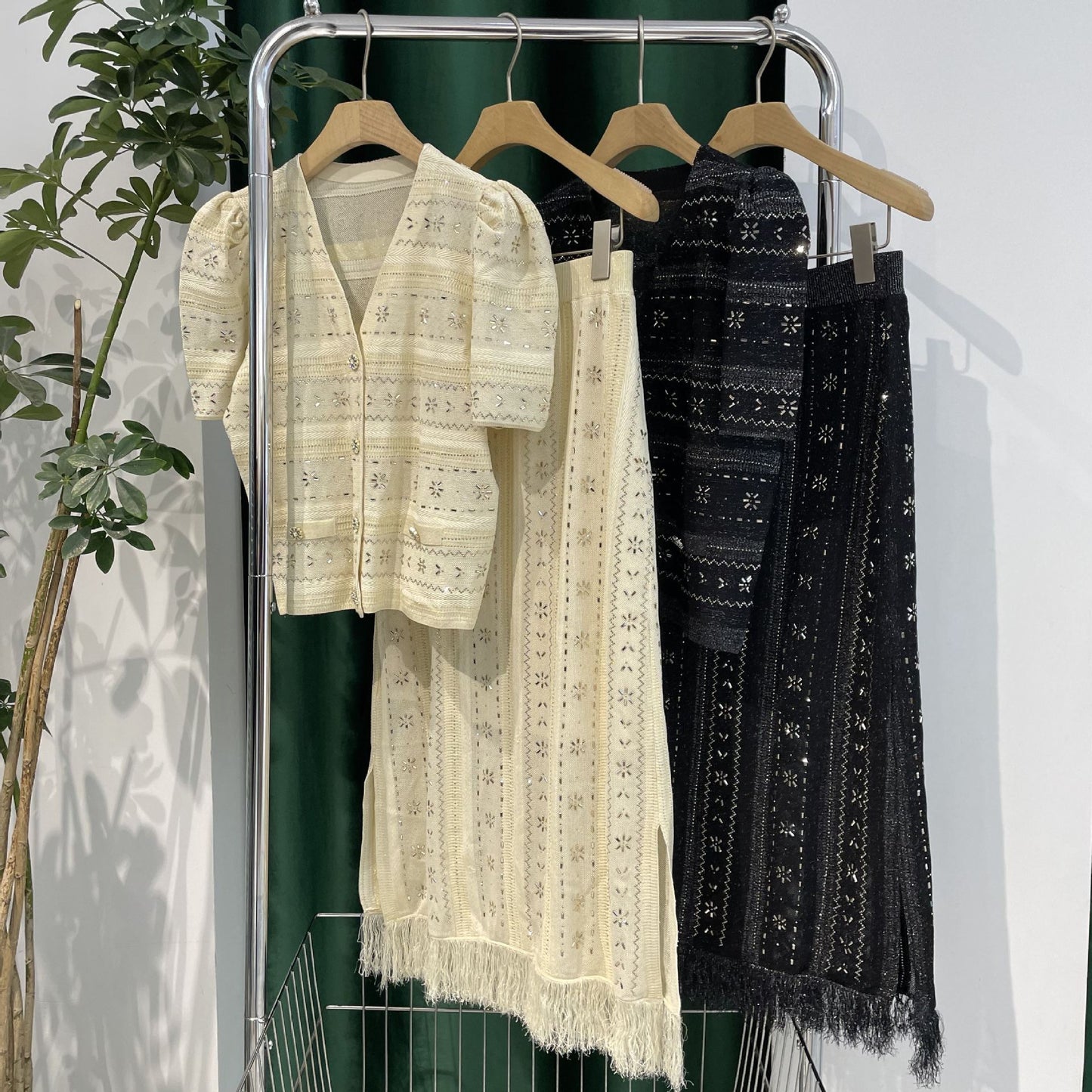 Short Sleeve Cardigan + Tassel Skirt Two-Piece Set