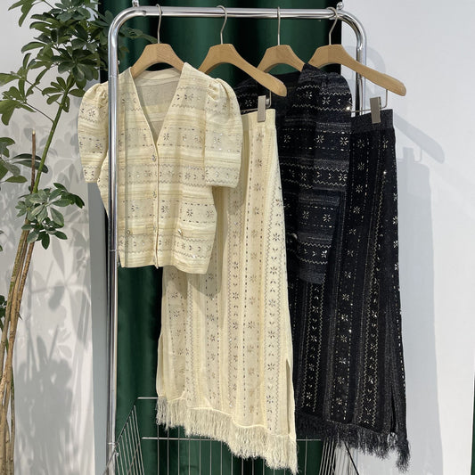 Short Sleeve Cardigan + Tassel Skirt Two-Piece Set
