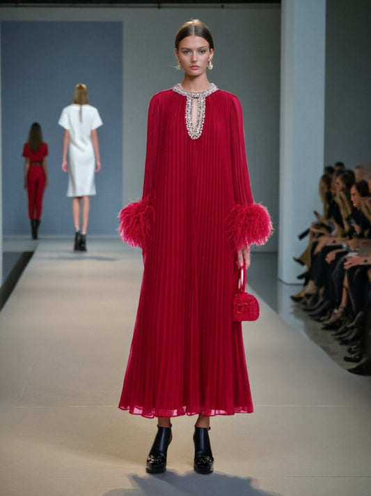 Ostrich Feather Patchwork Solid Color Dress