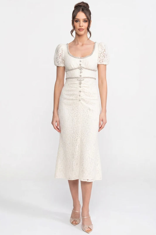 Short Sleeved Lace Dress With Short Puff Sleeves And Scoop Neckline - Ivoire