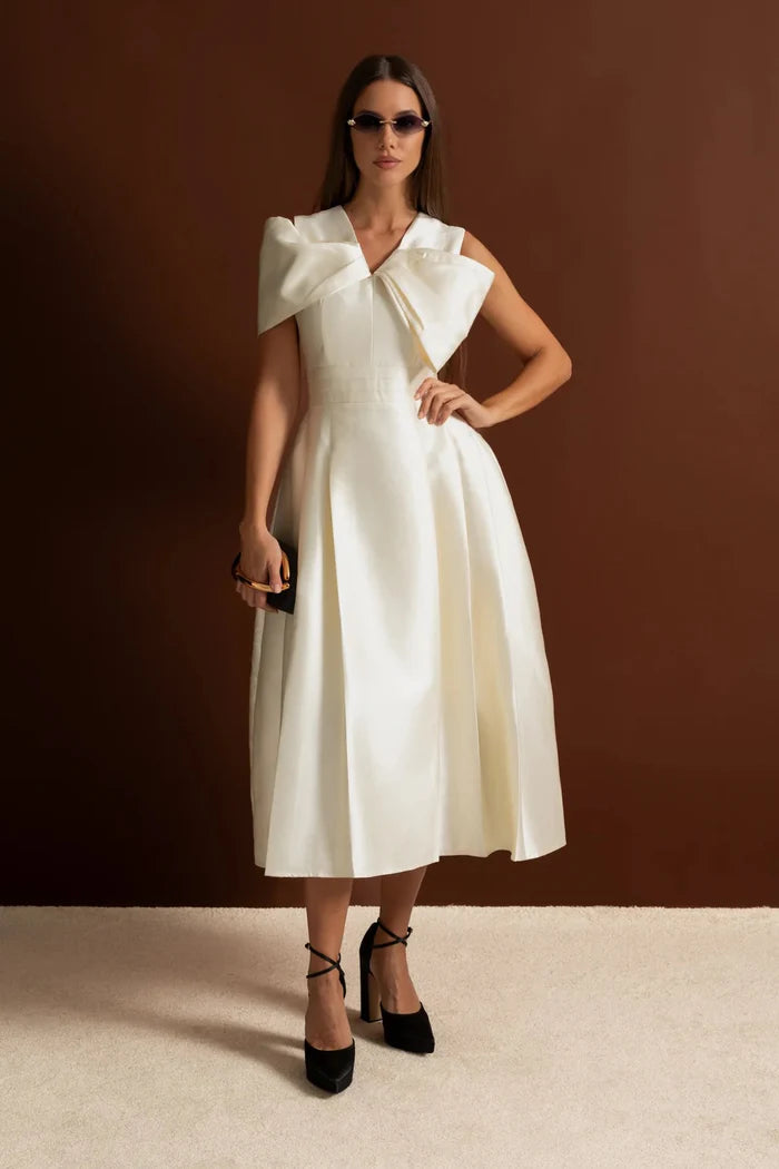 Off-Shoulder Satin Midi Dress With Draped Bow Detail – Ivoire