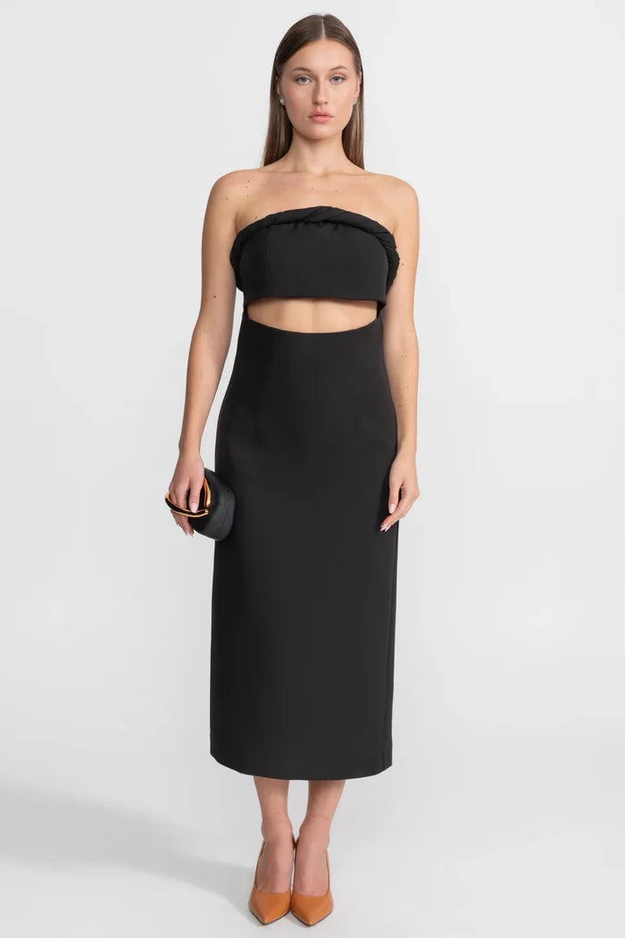 Strapless Cutout Midi Dress With Twisted Bandeau Detail – Black