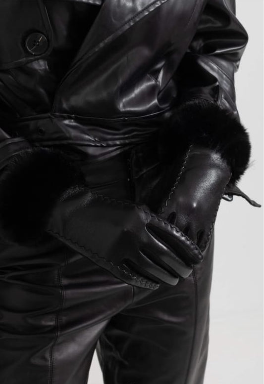 Vegan Leather Gloves With Fur Cuffs - Black