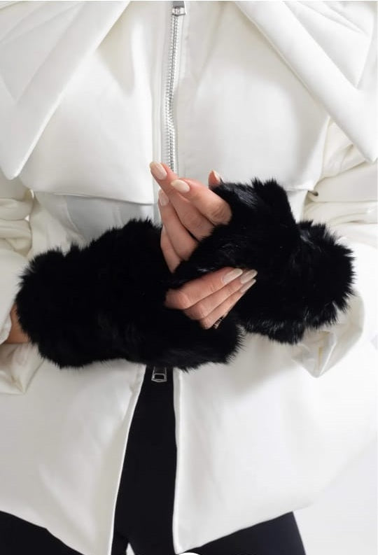Rabbit Fur Fingerless Gloves - Black