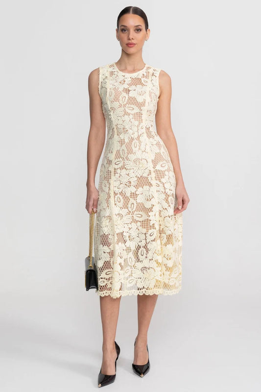 Lace Sleeveless Midi Dress With Round Neckline And Scalloped Hem - Yellow