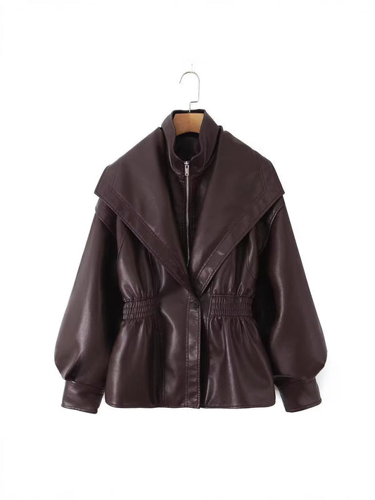 Double-Collar Elastic Waist  Leather  Coat