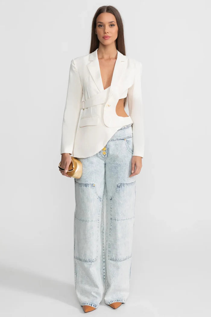 Asymmetric Cut-Out Blazer with Belt Detail - White