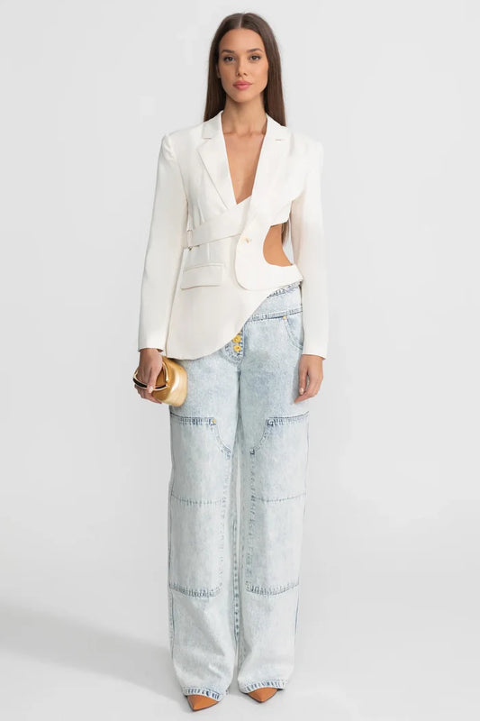 Asymmetric Cut-Out Blazer with Belt Detail - White
