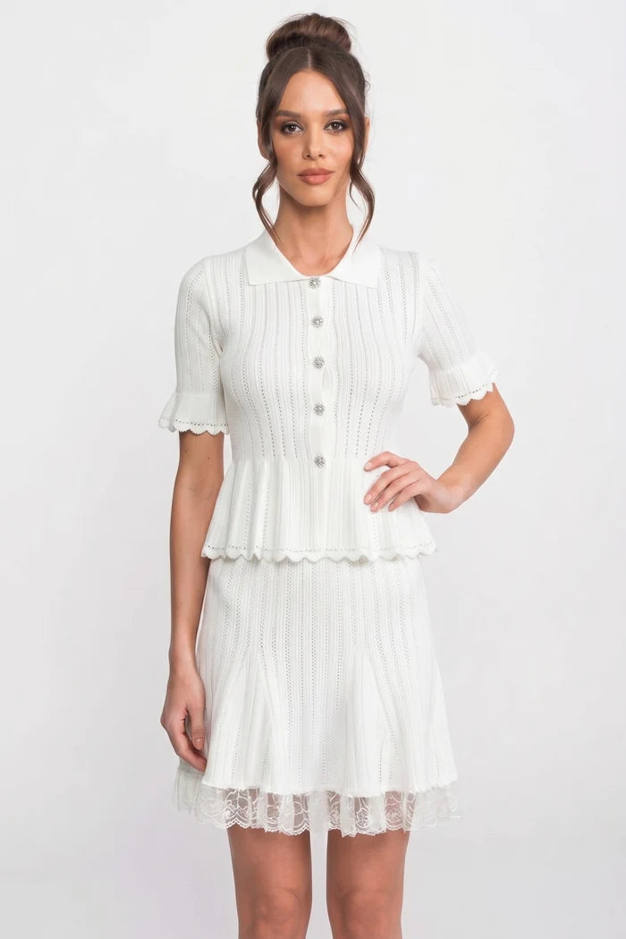 Peter-Pan Collar Knit Peplum Co-Ord set With Lace Hem - White