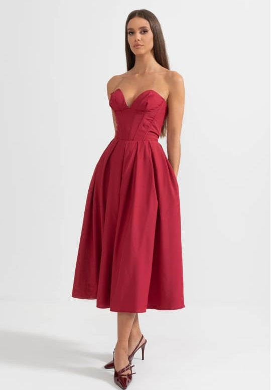 Sophisticated Strapless Midi Dress with Fitted Bodice - Burgundy