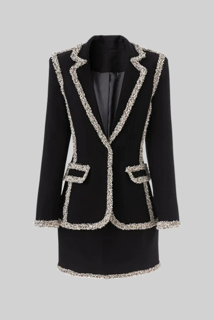 Tweed Trim Blazer With Matching Mini Skirt - Black