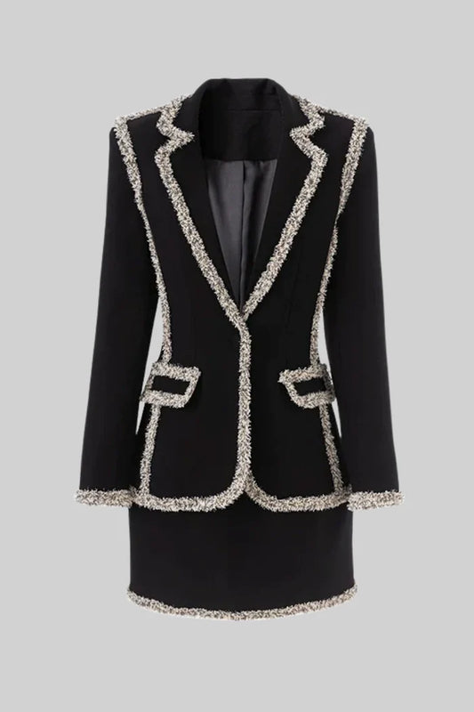 Tweed Trim Blazer With Matching Mini Skirt - Black