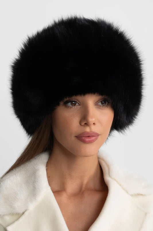 Fur Trimmed Hat With Pom-Pom Ties – Black