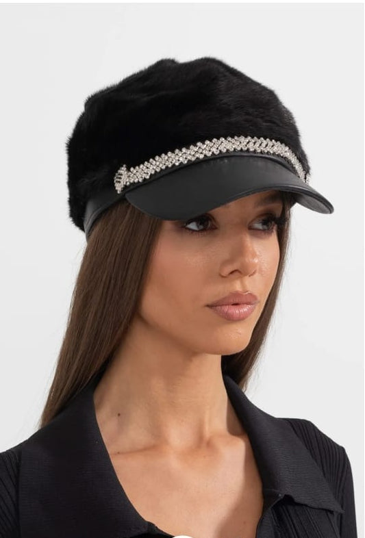 Mink Fur Hat With Leather Visor - Black
