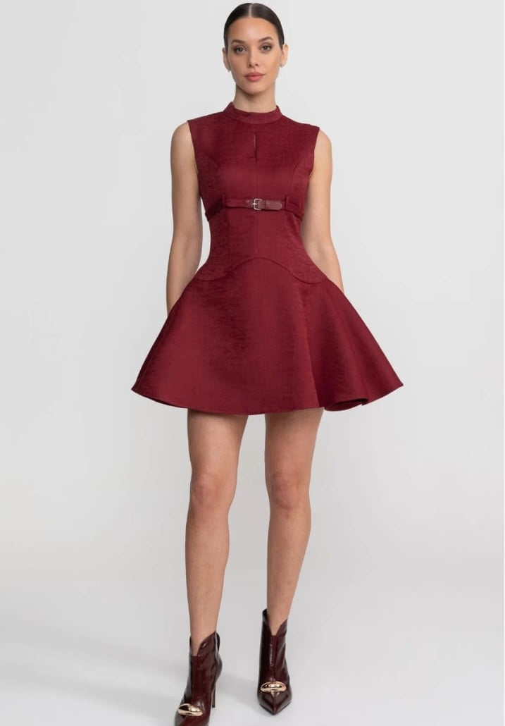 Sleeveless Mini Dress With High Neckline And Buckled Belted Waist - Burgundy