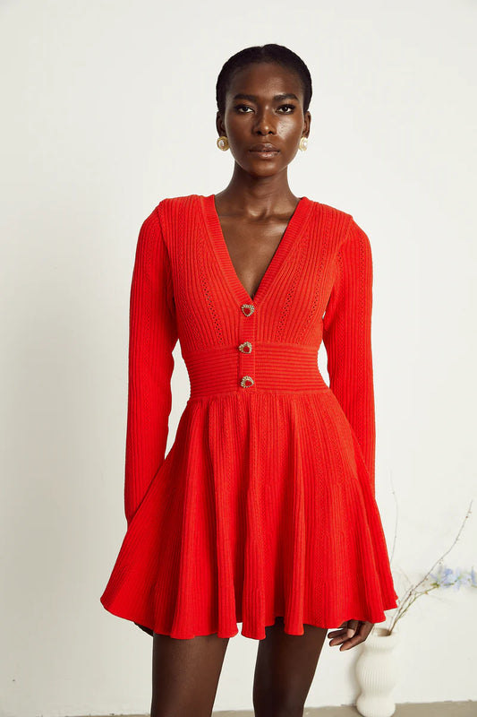 Coralie Red V-Neck évasé mini robe
