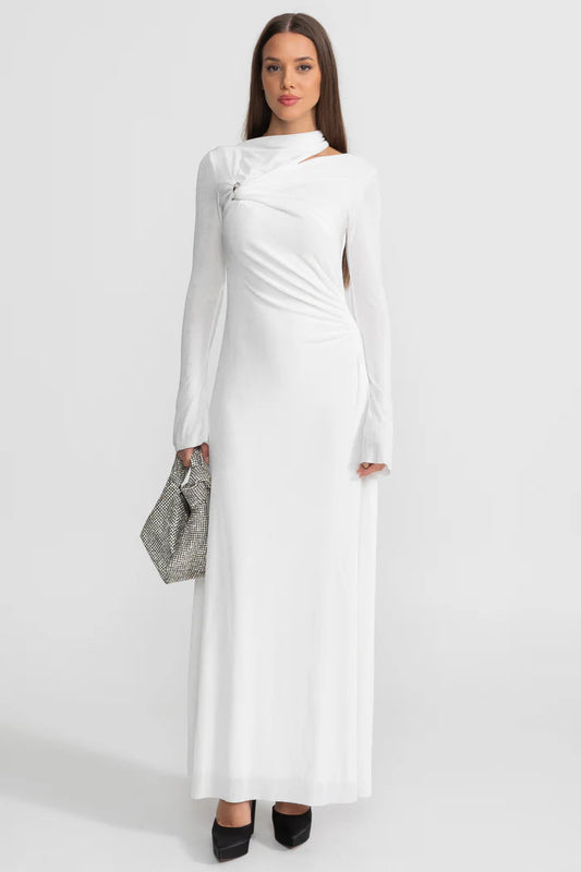 Draped Maxi Dress with Cut-Out and Elegant Detail - White
