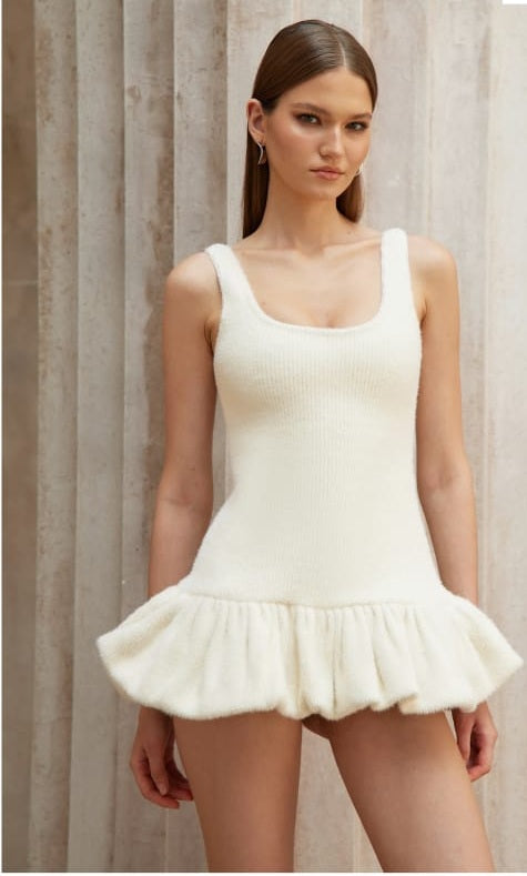 Laetitia White Furry Ribbed Knit Mini Dress