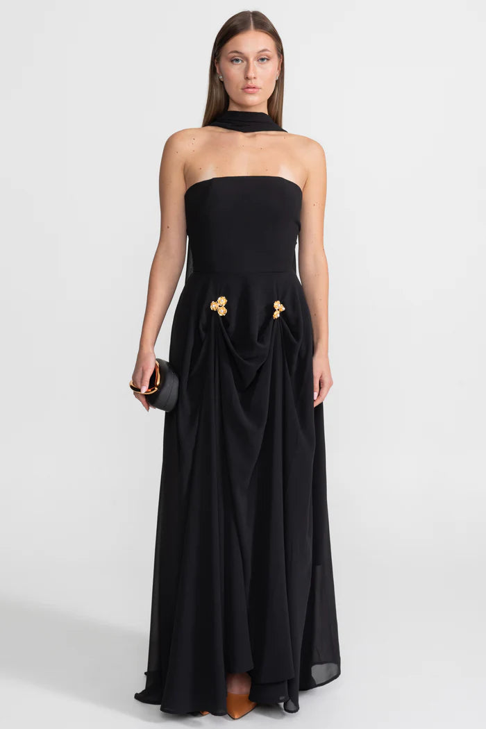 Strapless Draped Gown With Gold Flower Embellishments – Black