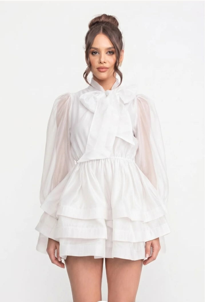 High Neck Puff Sleeve Mini Dress with Layered Ruffle Skirt and Bow - White