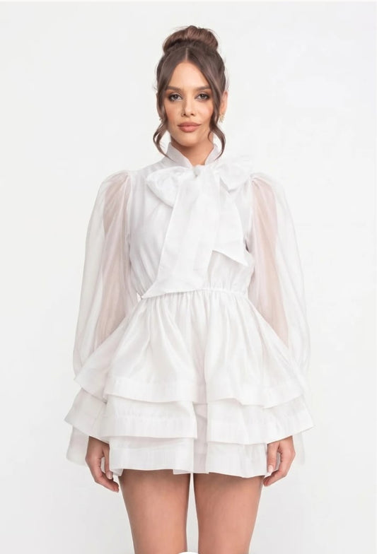 High Neck Puff Sleeve Mini Dress with Layered Ruffle Skirt and Bow - White
