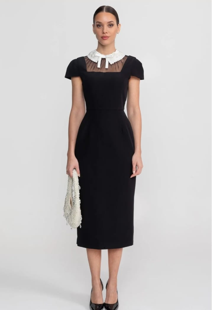 Cap Sleeve Midi Dress With Lace Collar Tie Detail - Black