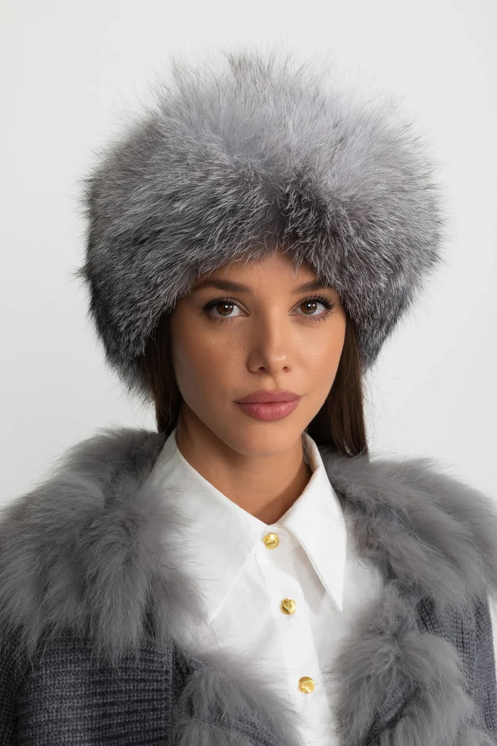 Fur Trimmed Hat With Pom-Pom Ties – Grey