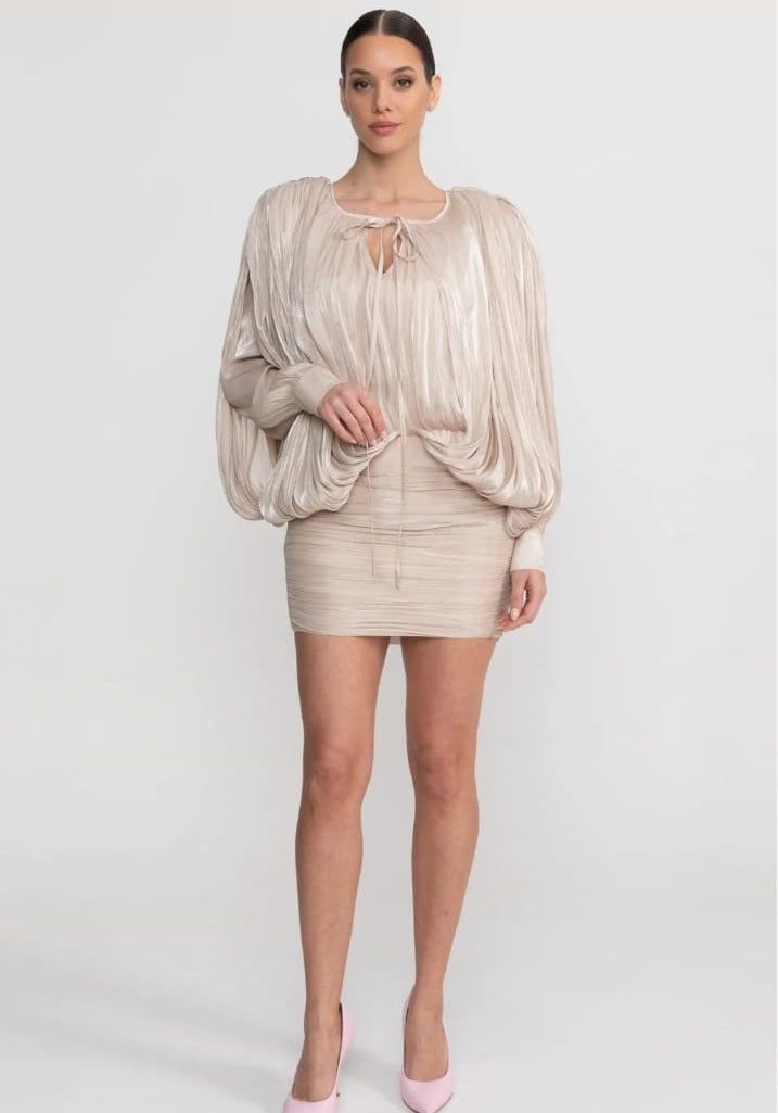 Draped Long Sleeve Mini Dress With Batwing Sleeves - Champagne