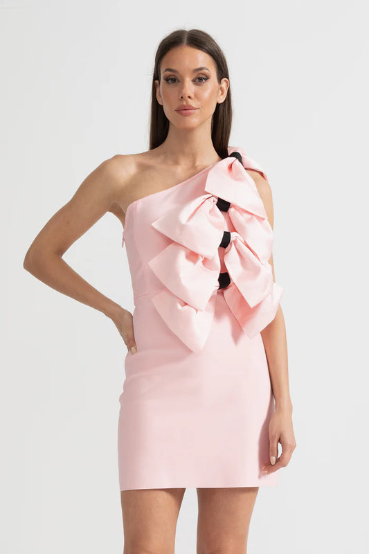 One-Shoulder Mini Dress with Oversized Bow Detailing - Pink