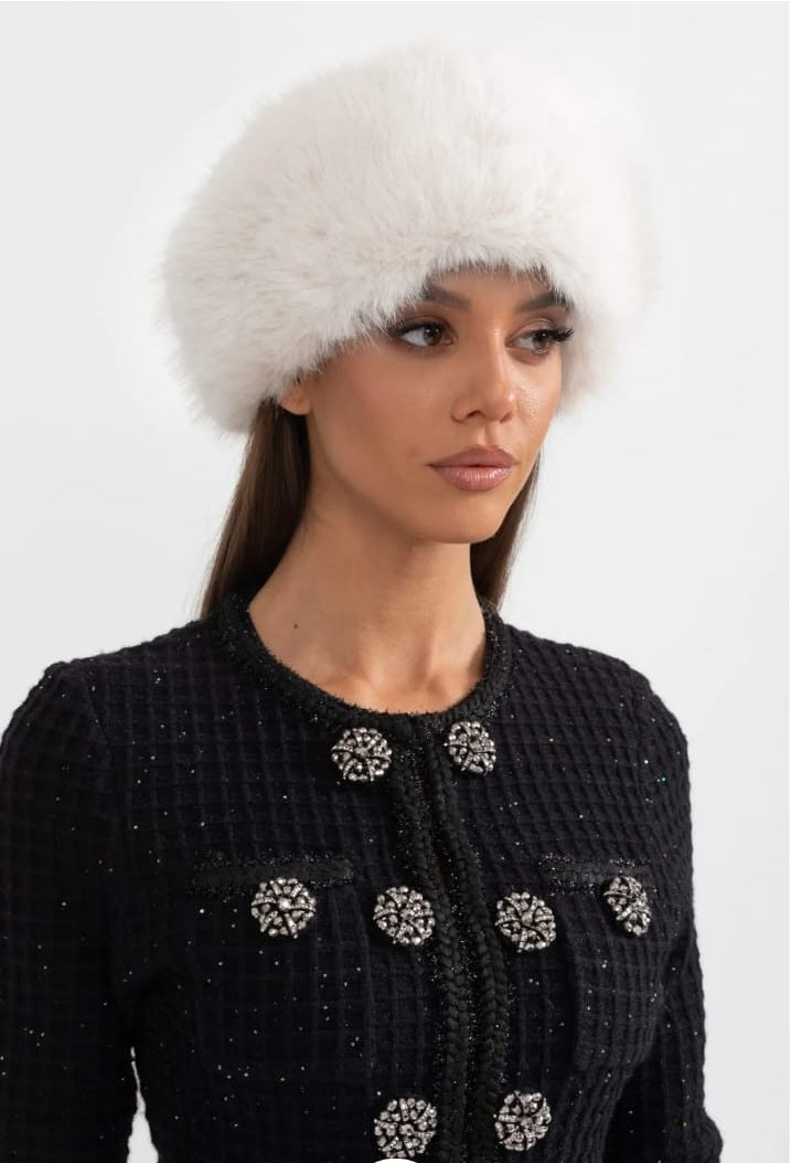 Furry Hat With Wide Brim - White