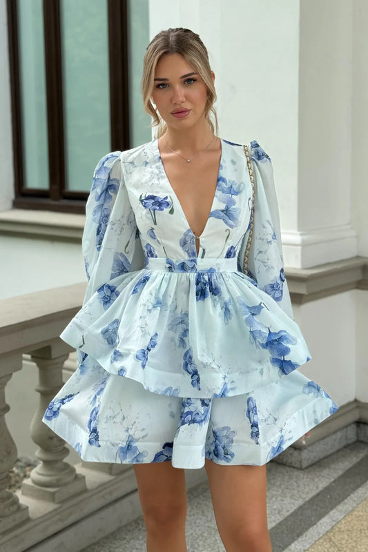 Floral Romantic Mini Dress With Voluminous Sleeves And Peplum Detail - White/Blue