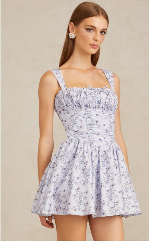 Valentin Blue Shirred Floral Print Mini Dress