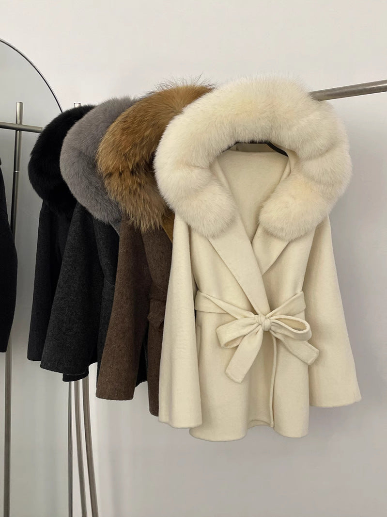 Two-color fur woolen coat
