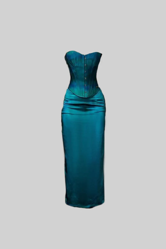 Elegant Satin Evening Gown With Corset-Style Bodice And Back Lace Closure - Teal