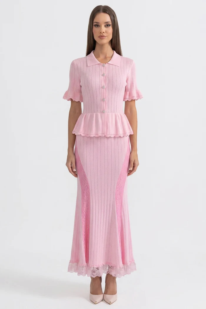 Peter-Pan Collar Knit Peplum Maxi Dress With Lace Hem - Pink