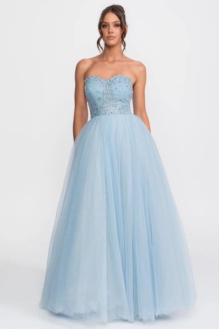 Tulle Strapless Ball Gown With Sequin Embellishments - Light Blue