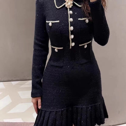 Long Sleeve Diamond Buckle POLO Neck Knitted Hip Dress