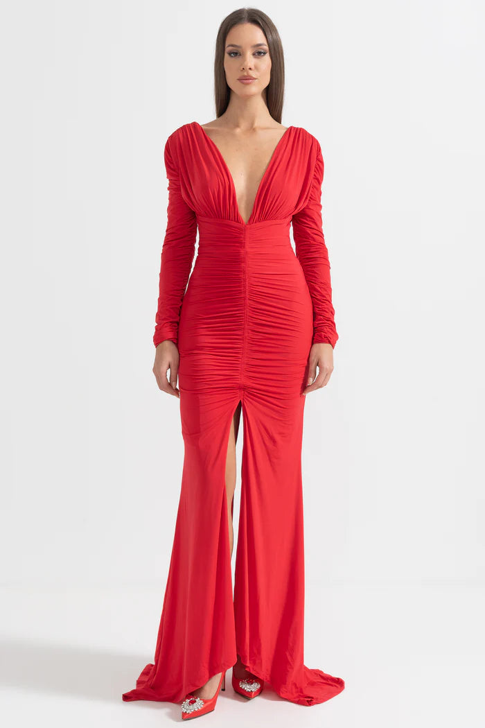 Elegant Ruched Dress With Deep Neckline - Red