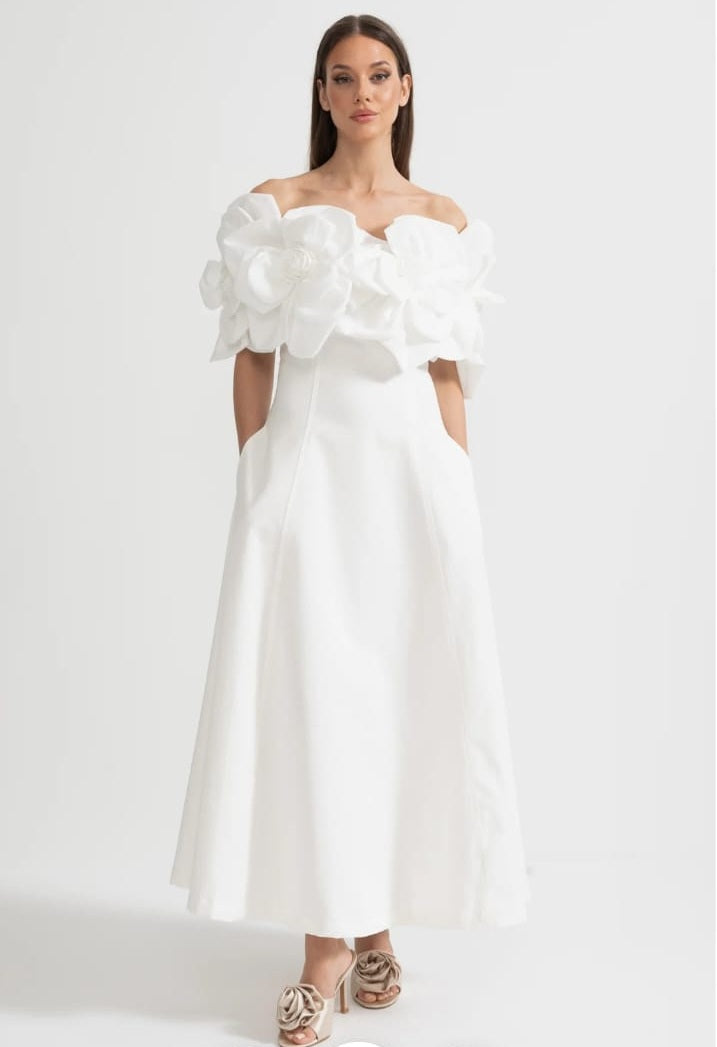 Off-Shoulder Midi Dress With Large Fabric Floral Accents - White