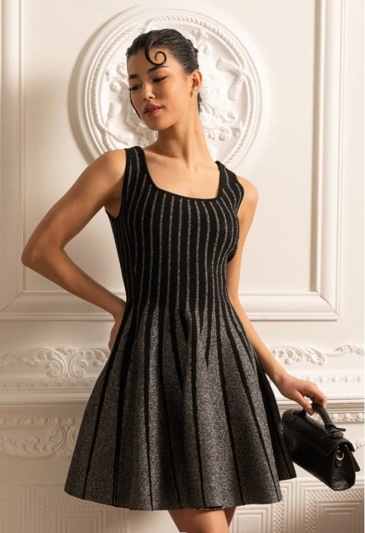 Elegant Mini Dress With Shimmering Silver Vertical Stripes - Black
