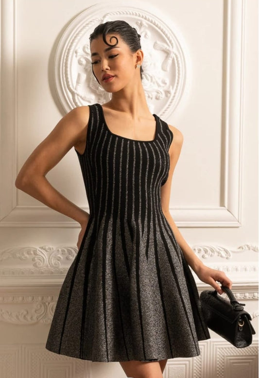 Elegant Mini Dress With Shimmering Silver Vertical Stripes - Black
